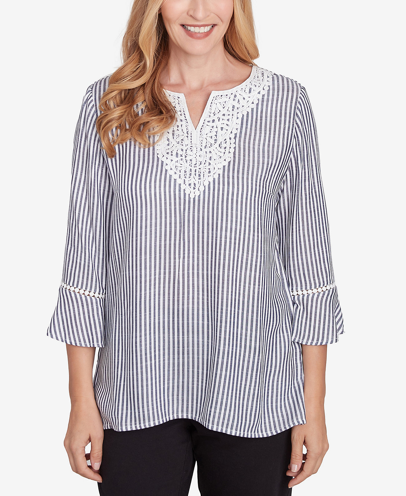 Petite Classics Embroidered Split Neck Striped Top Alfred Dunner