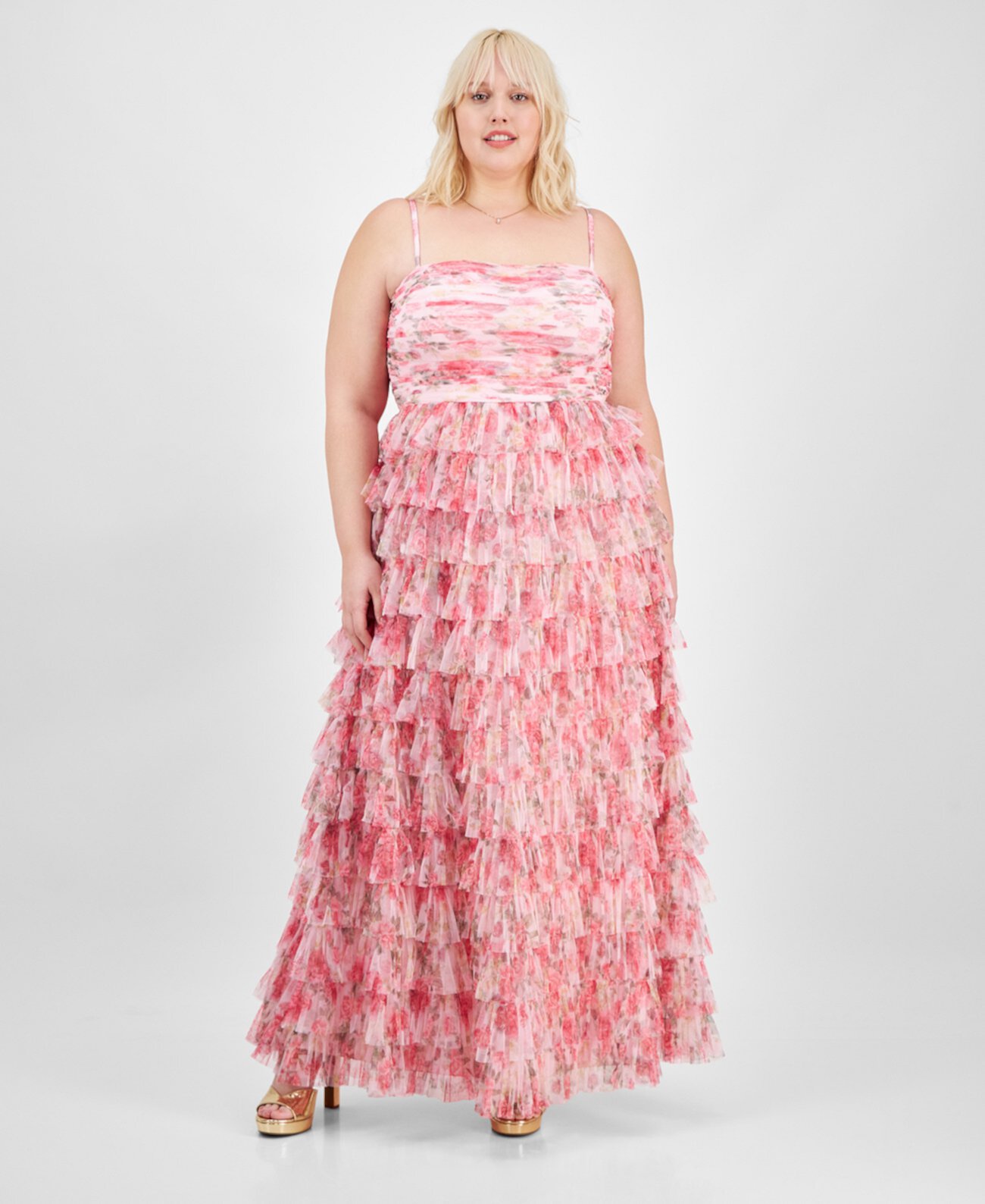 Trendy Plus Size Floral Print Ruffle Tiered Gown, Created for Macy's B Darlin