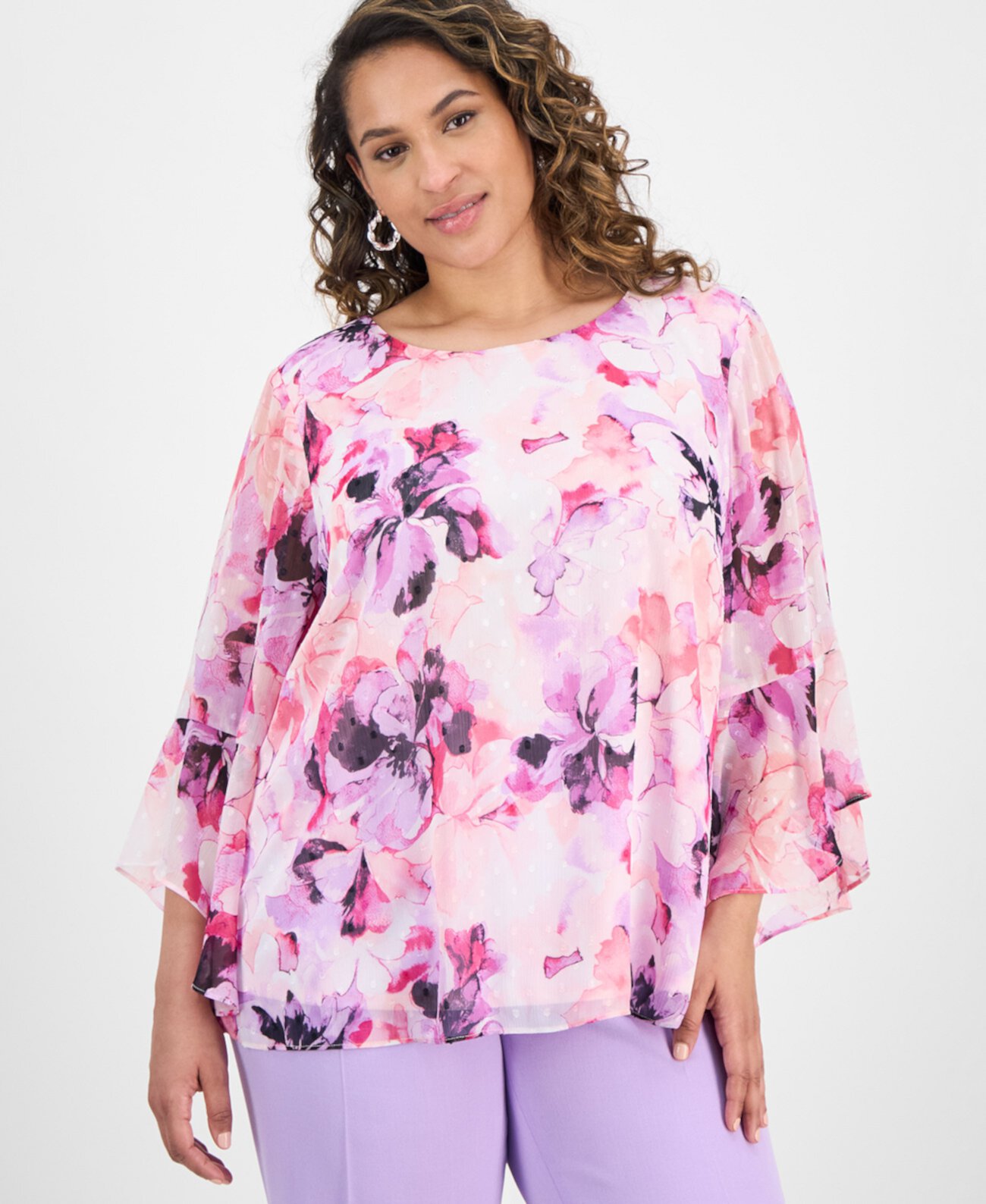 Plus Size Printed Bell-Sleeve Blouse Kasper