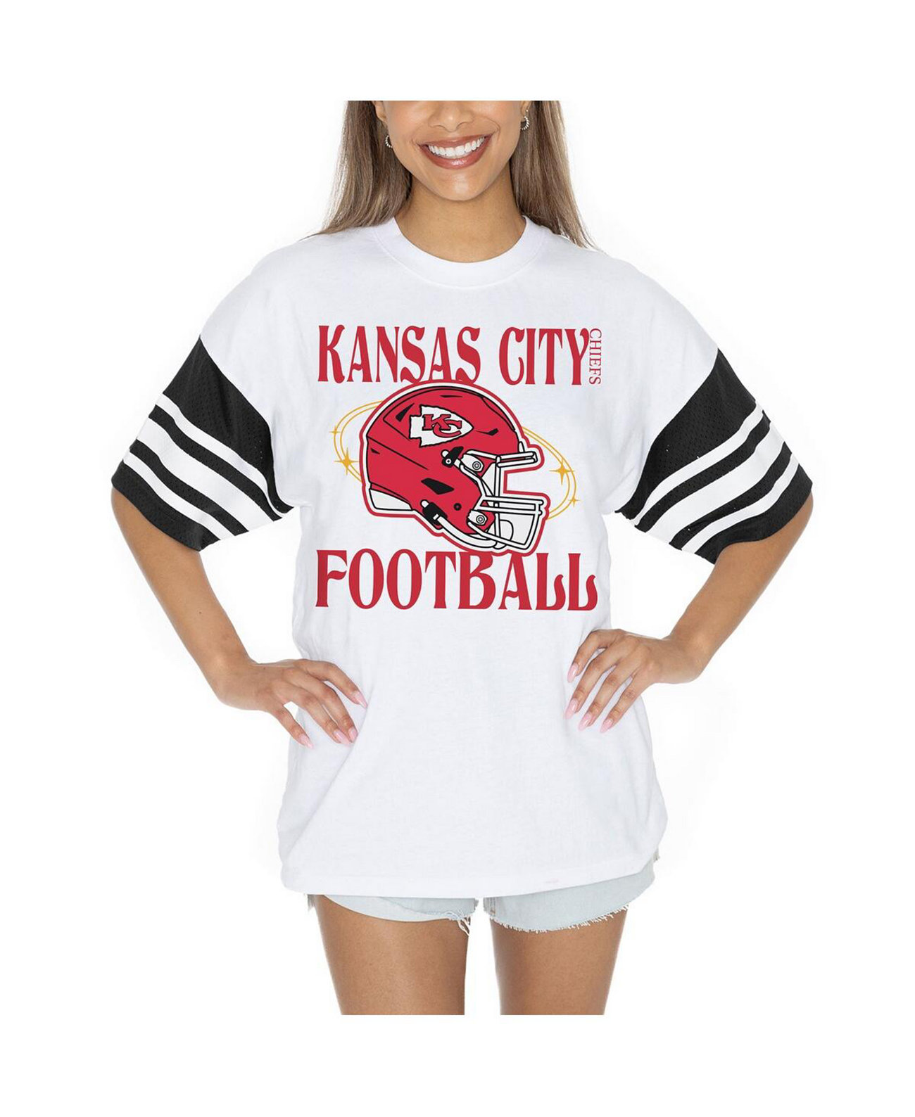 Women's White Kansas City Chiefs Vintage Look Contrast Mesh Striped Raglan T-Shirt Gameday Couture