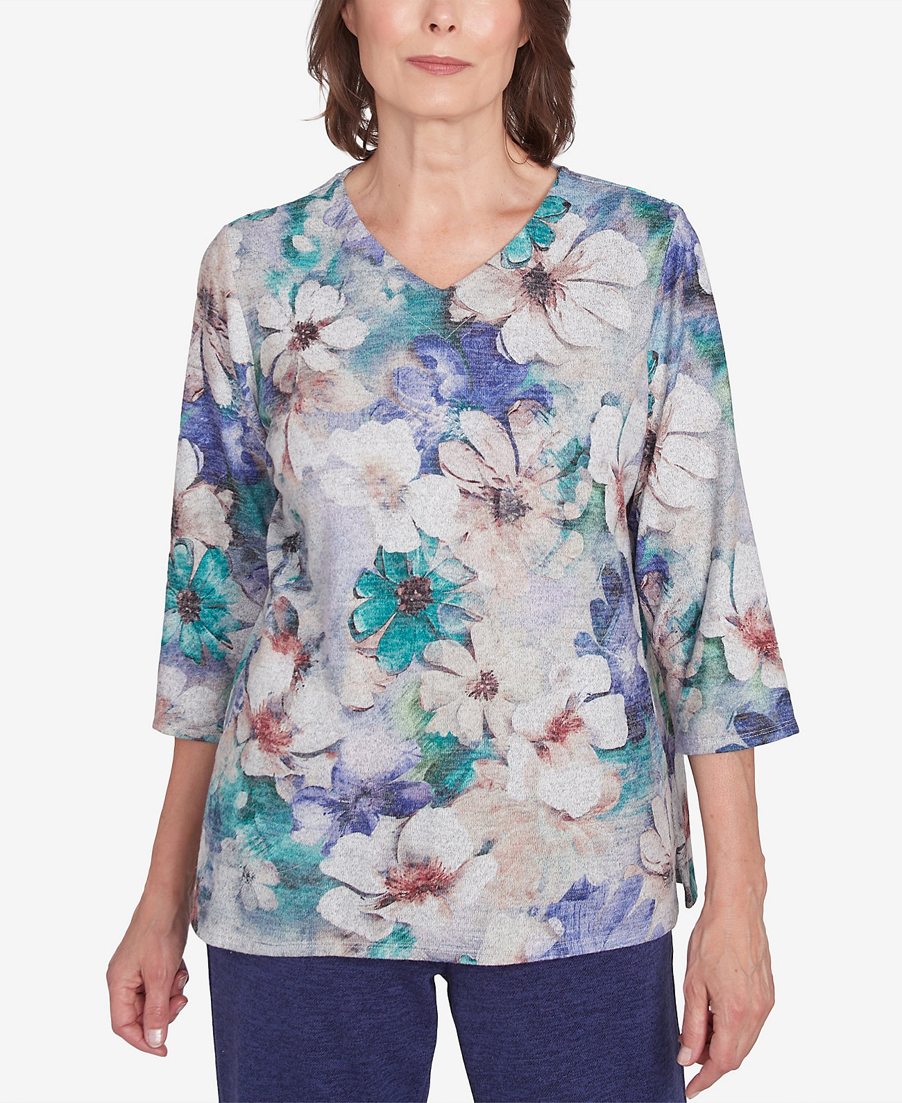 Women's French Quarter Watercolor Floral Melange Top with Pockets Alfred Dunner