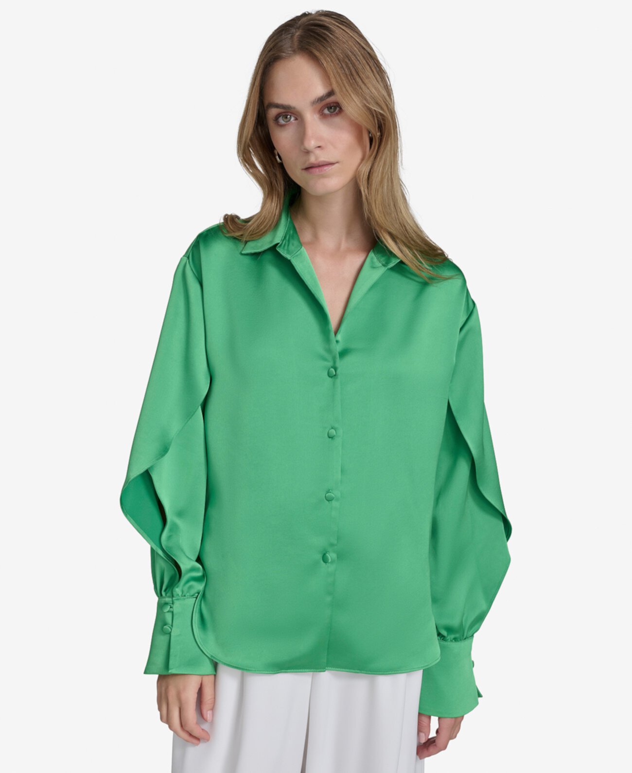 Women's Satin Button-Front Open-Sleeve Blouse Halston