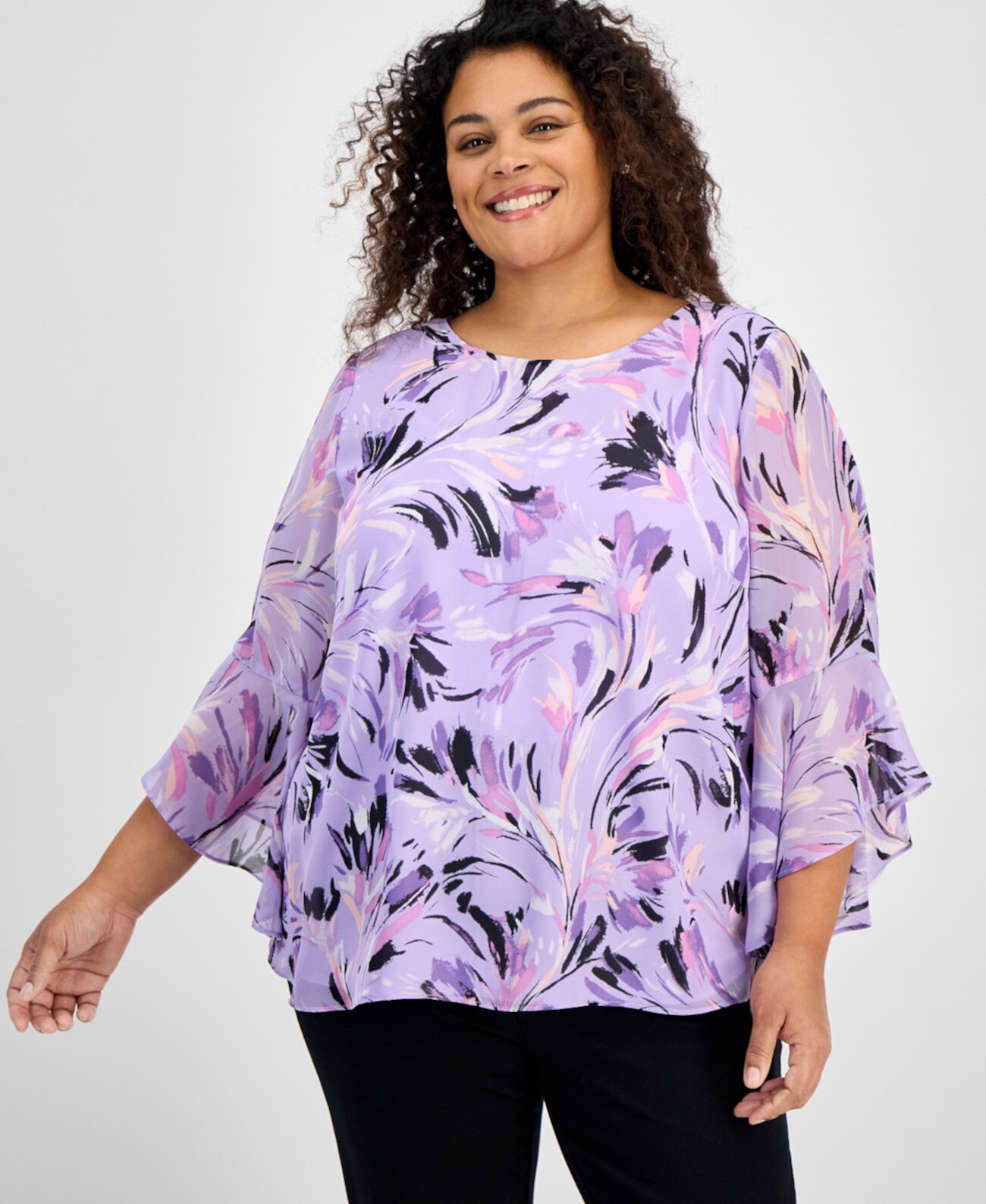 Plus Size Printed Ruffle-Sleeve Blouse Kasper