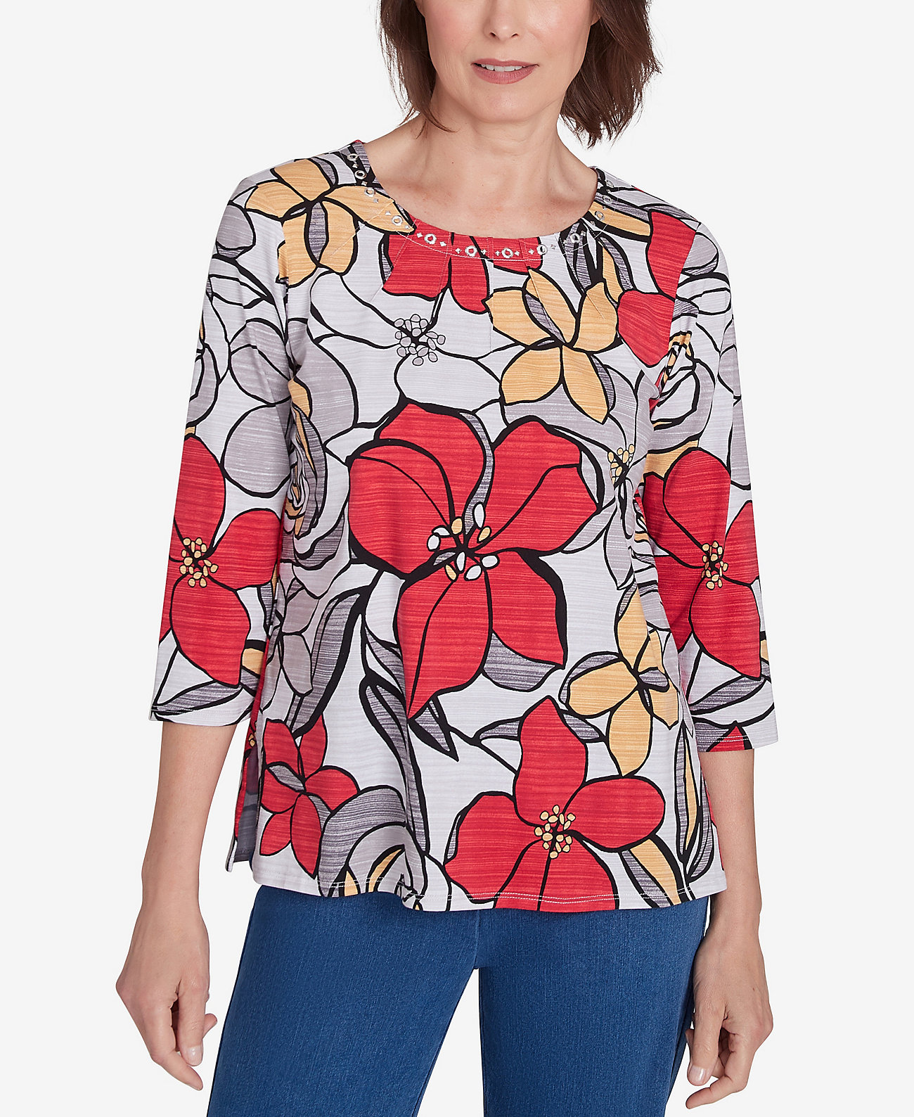 Petite Key Items Bold Floral Print Three Quarter Sleeve Tee Alfred Dunner