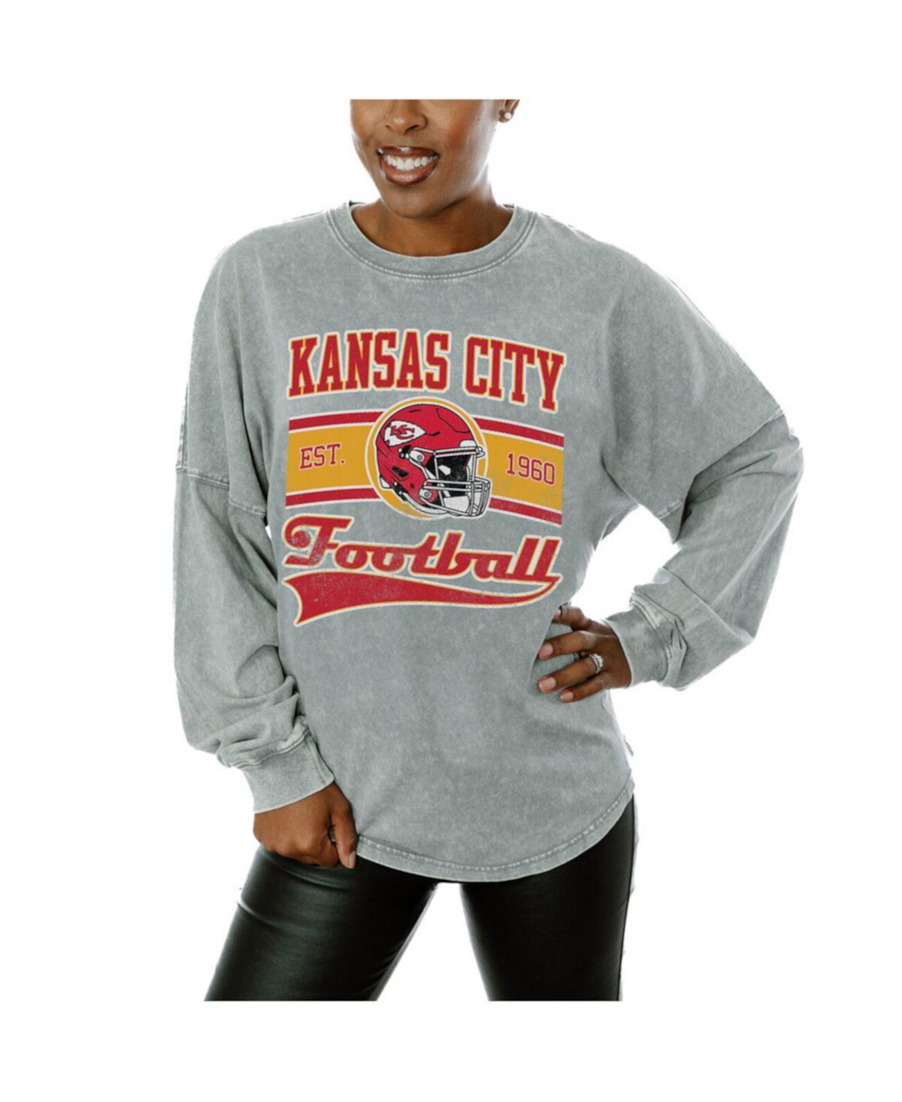 Women's Gray Kansas City Chiefs Snow Wash Oversized Long Sleeve T-Shirt Gameday Couture