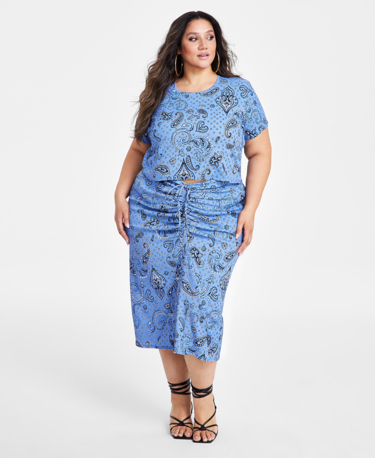 Plus Size Textured Paisley-Print Drawstring-Ruched Skirt Nina Parker