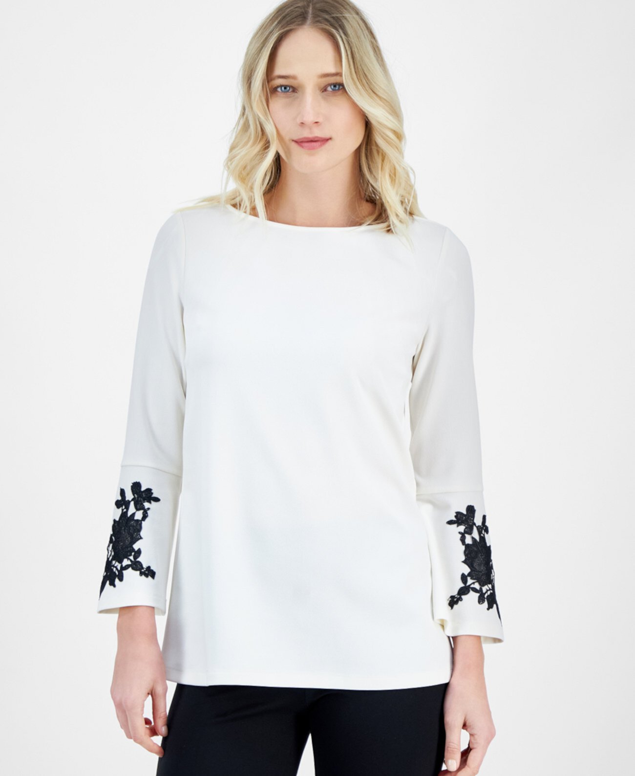 Petite Floral Bell-Sleeve Boat-Neck Tunic Anne Klein