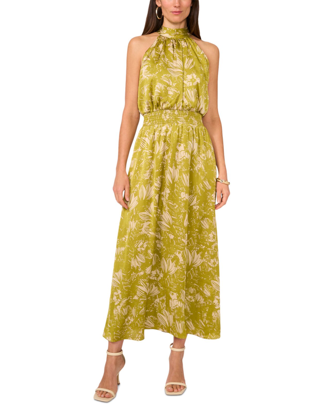 Women's Printed Satin Halter Smocked-Waist Maxi Dress Vince Camuto