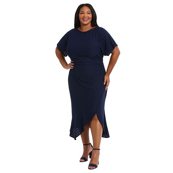 Plus Size London Times Eyelet Asymmetric Hem Midi Dress London Times