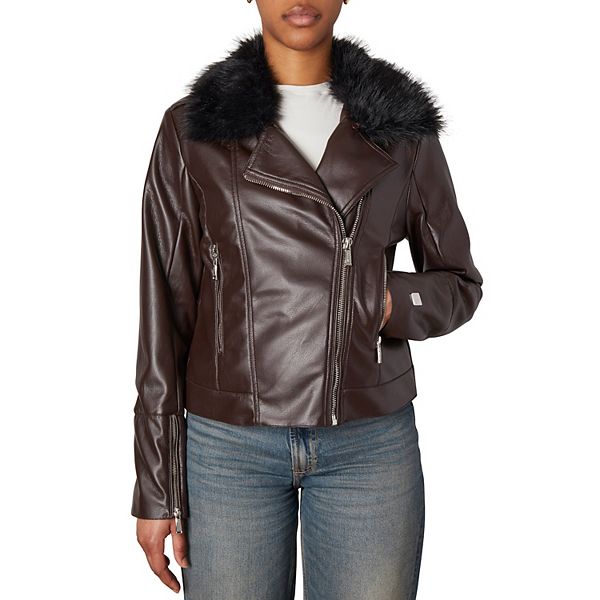 Women's Nicole Miller Faux Leather Moto Jacket With Detachable Faux Fur Trim Nicole Miller New York