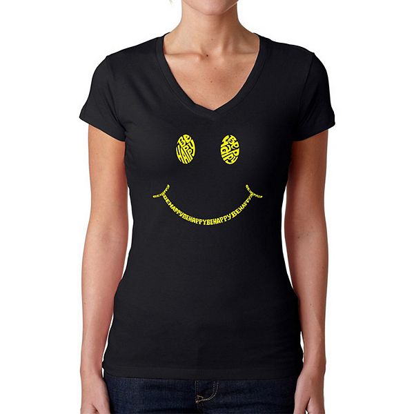 Be Happy Smiley Face - Women's Word Art V-Neck T-Shirt LA Pop Art