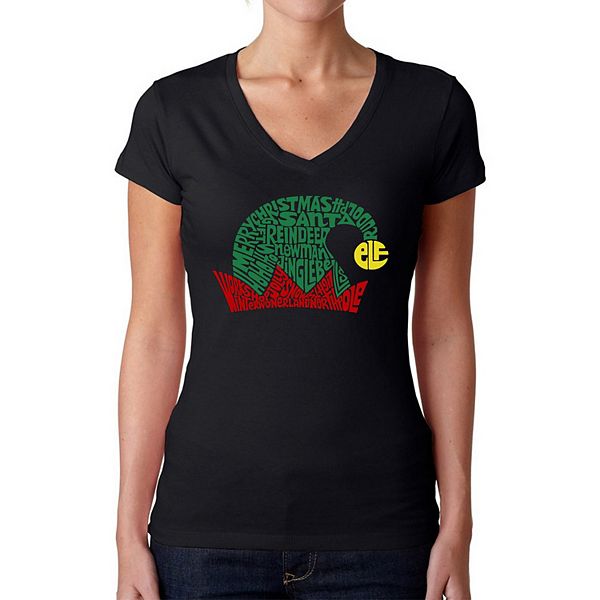 Christmas Elf Hat - Women's Word Art V-Neck T-Shirt LA Pop Art