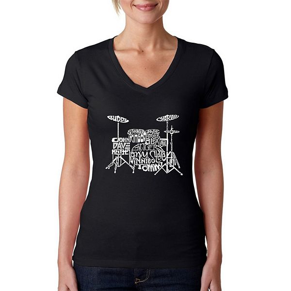 Drums - Women's Word Art V-Neck T-Shirt LA Pop Art