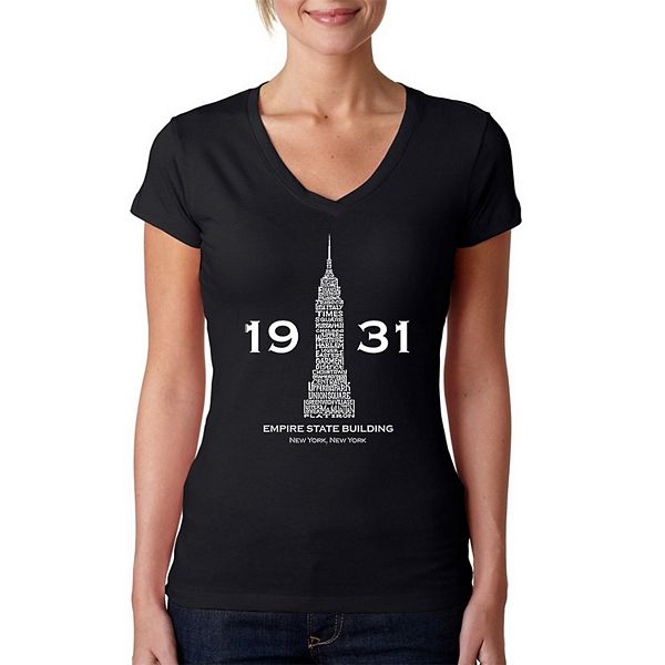 Empire State Building - Women's Word Art V-Neck T-Shirt LA Pop Art