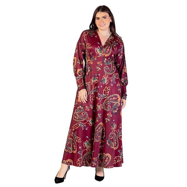 Plus Size 24Seven Comfort Apparel Wine Paisley Print Bishop Sleeve A Line Maxi Dress 24Seven Comfort