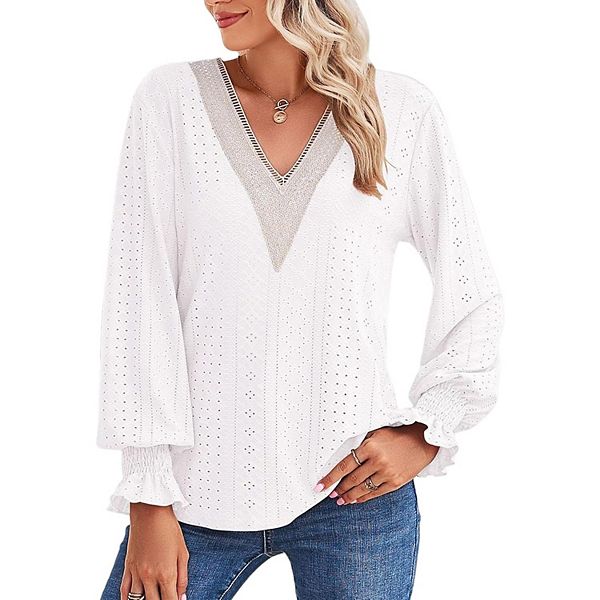 Women's Lace V Neck Blouse Shirts Long Sleeve Casual Loose Tops Missky