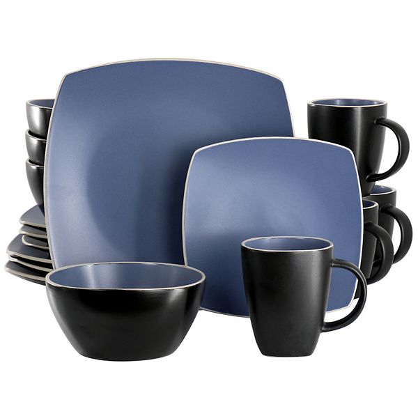 16 Piece Square Stoneware Dinnerware Set in Matte Blue and Black Gibson Home