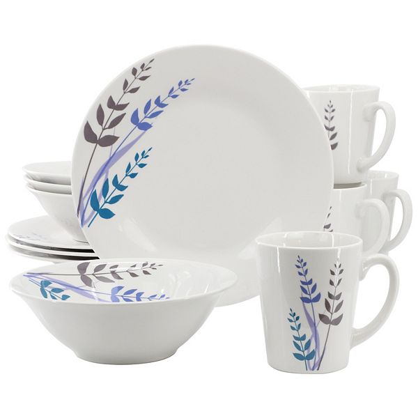 12 Piece Round Fine Ceramic Decorated Dinnerware Set in White Gibson Home