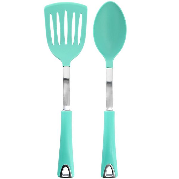 2 Piece Slotted Turner and Serving Spoon Set in Turquoise Gibson Home