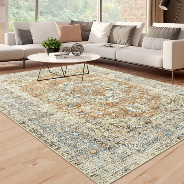 Glowsol Vintage Floral Medallion Area & Washable Distressed Throw Rug GlowSol