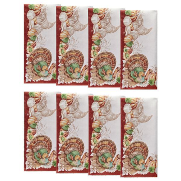 Elrene Home Fashions Holiday Turkey Bordered Fall Napkins, Set of 8 Elrene