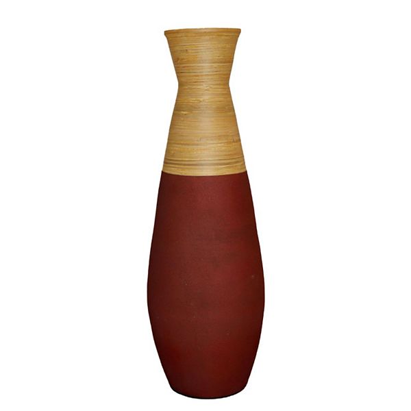 Tall Handcrafted Bamboo Floor Vase, Burgundy and Natural Color Uniquewise