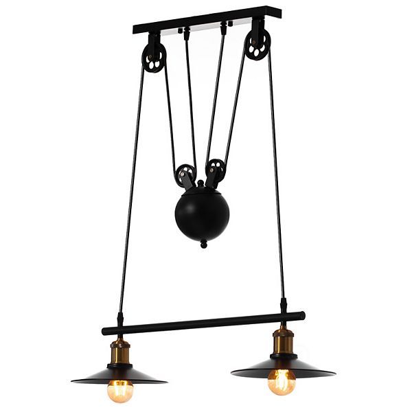 Adjustable 2 Bulb Pulley Wired Ceiling Hanging Light Fixture, Black Quickwayimports