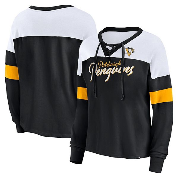 Черный лонгслив Fanatics с V-образным вырезом и шнуровкой Pittsburgh Penguins Fanatics