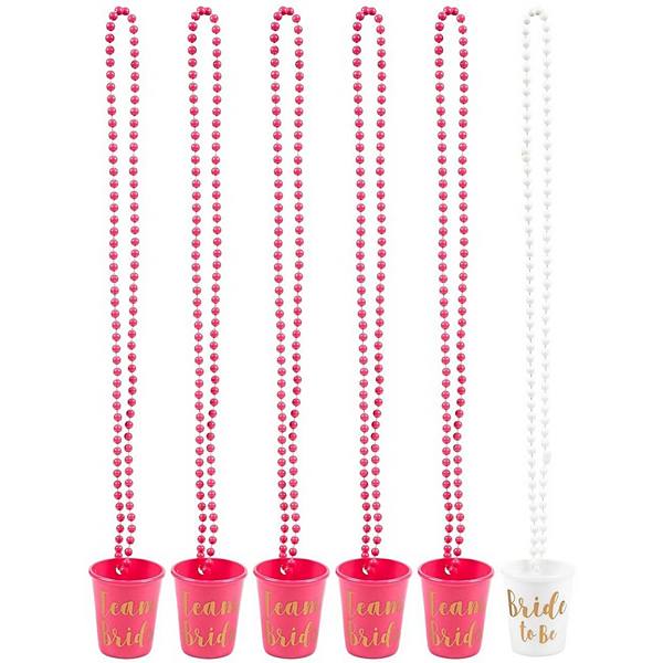 6-pack Team Bride Bride To Be Plastic Beaded Shot Glasses Necklaces 30.4" Long Sparkle and Bash