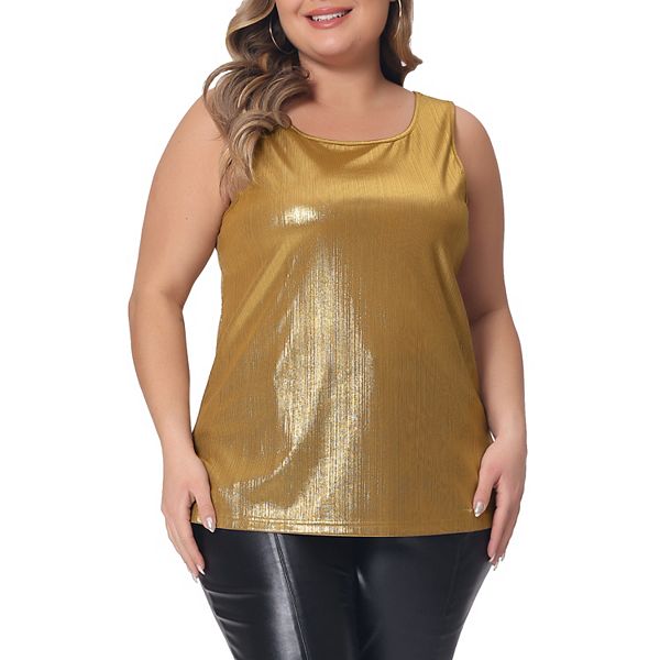 Women's Plus Size Shiny Metallic Round Neck Sleeveless Party Tank Top Agnes Orinda