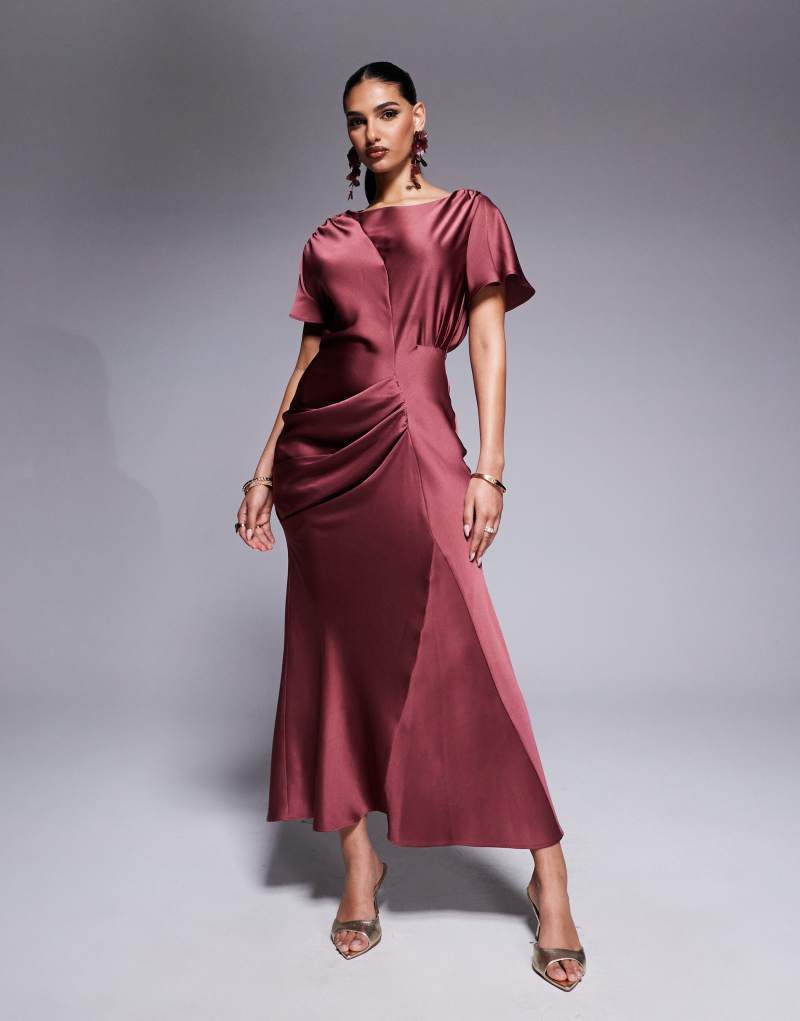 ASOS DESIGN satin flutter sleeve maxi dress in washed burgundy Asos Design