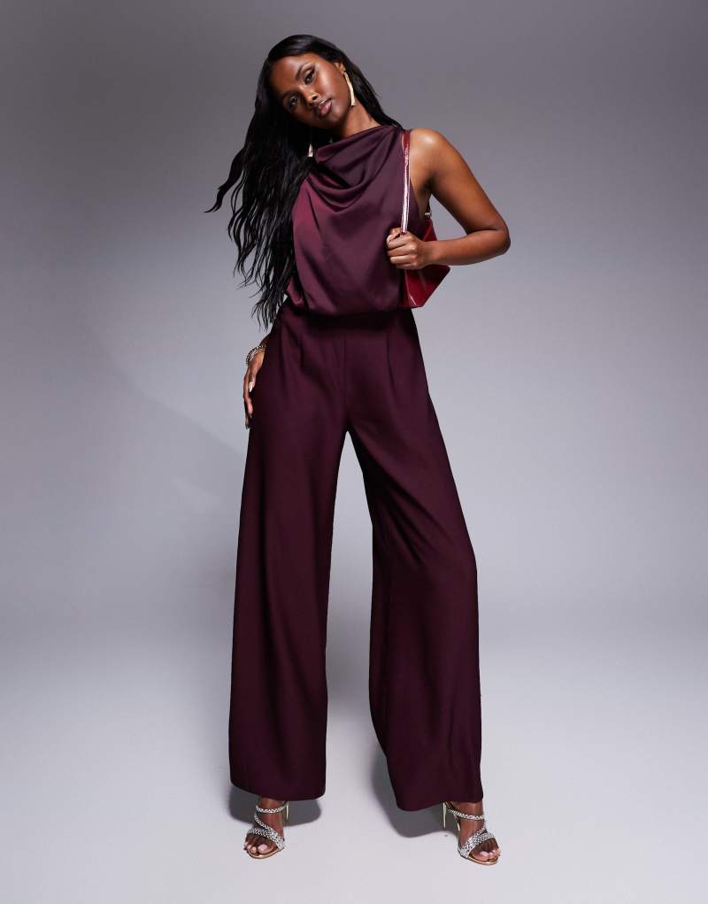 ASOS DESIGN cowl neck jumpsuit with satin bodice in burgundy Asos Design