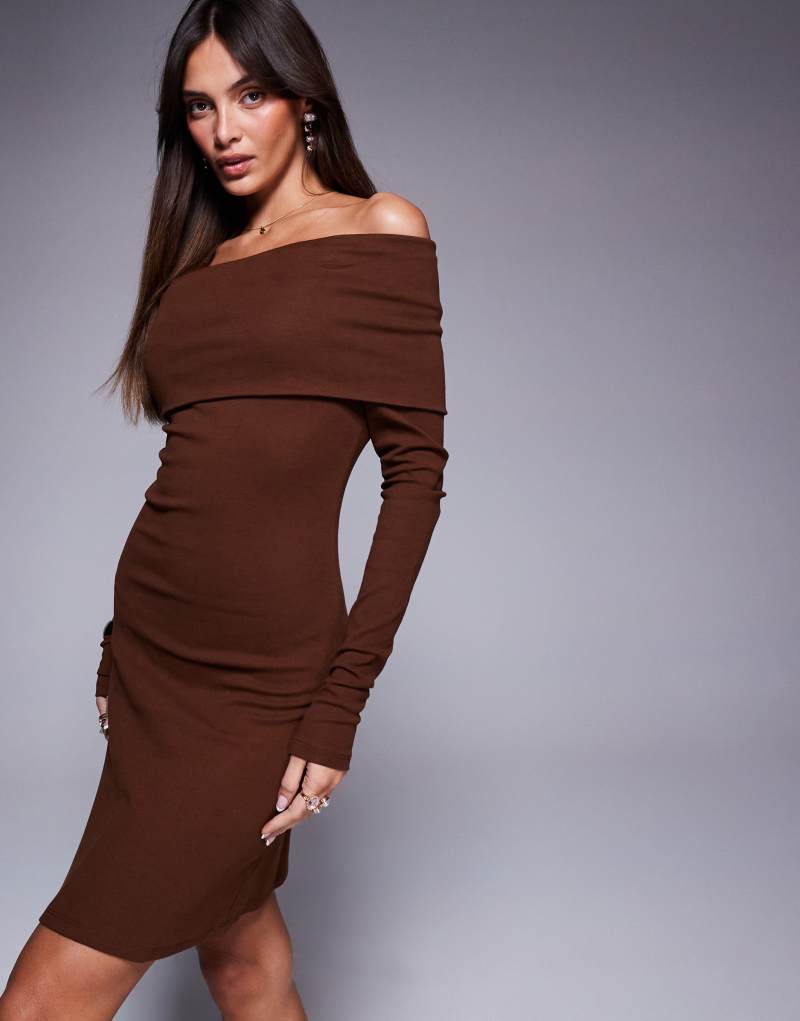 ASOS DESIGN ribbed long sleeve bardot mini dress in brown Asos Design