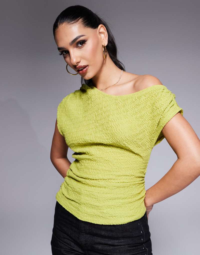 ASOS DESIGN asymmetric off-shoulder textured top in olive Asos Design