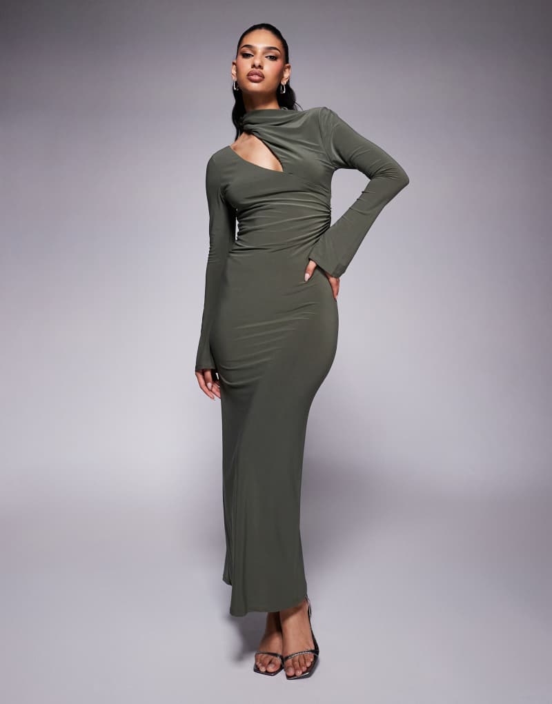 ASOS DESIGN long sleeve slash shoulder maxi dress with ruched bodice detail in green Asos Design