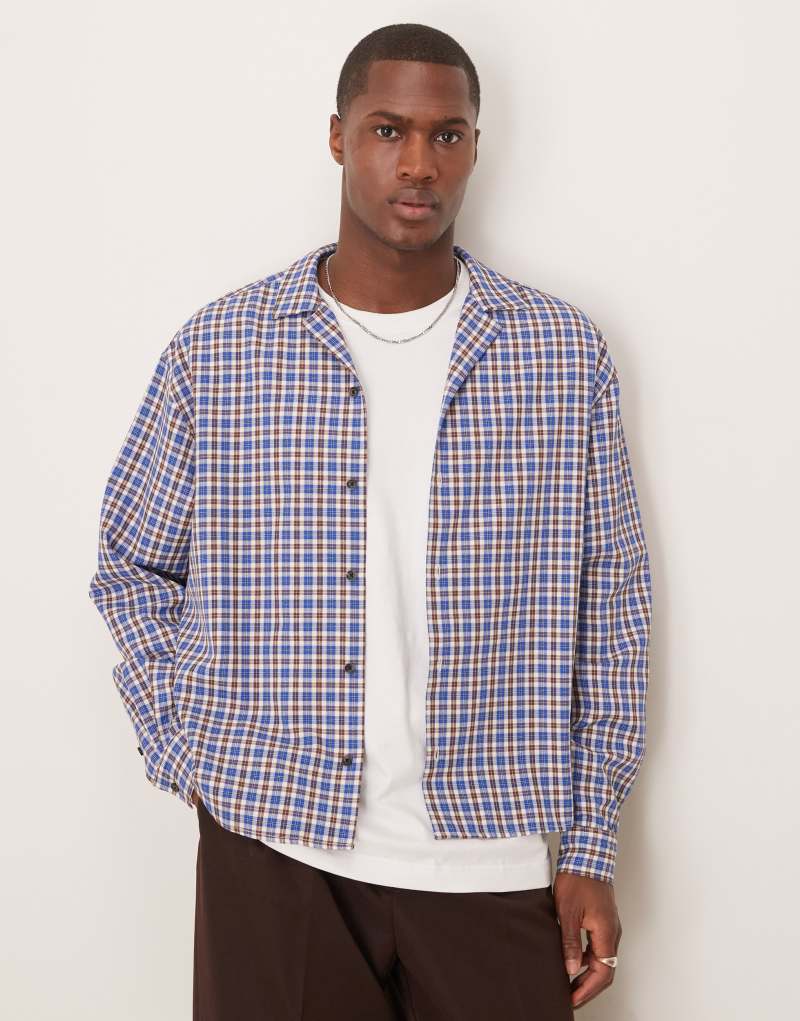 ASOS DESIGN oversized boxy camp collar shirt in blue plaid Asos Design