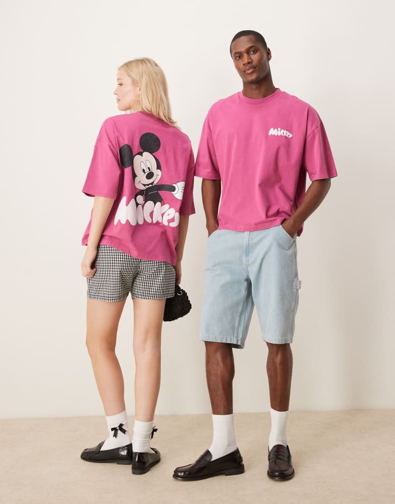 ASOS DESIGN Disney unisex boxy oversized T-shirt with Mickey Mouse prints in washed pink Asos Design