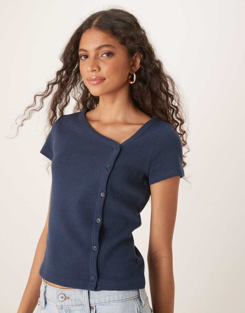 ASOS DESIGN waffle asymmetric button up long sleeve top in navy Asos Design