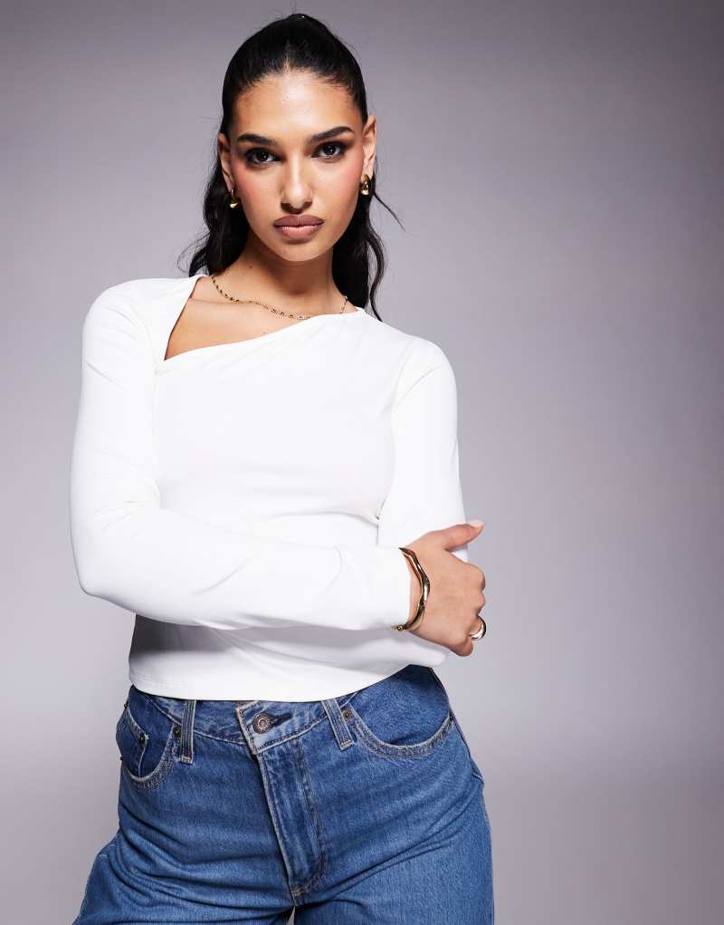 ASOS DESIGN slash neck slinky long sleeve top in ivory Asos Design