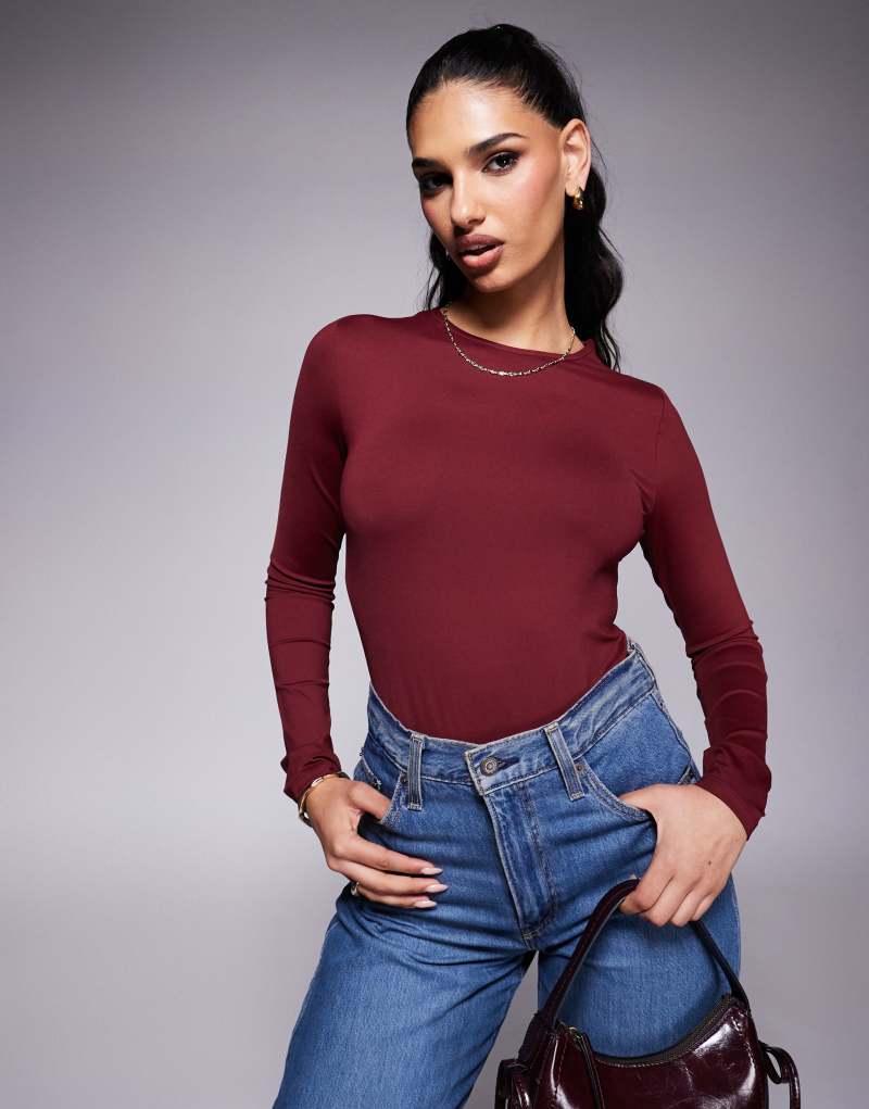 ASOS DESIGN slinky long sleeve bodysuit in burgundy Asos Design