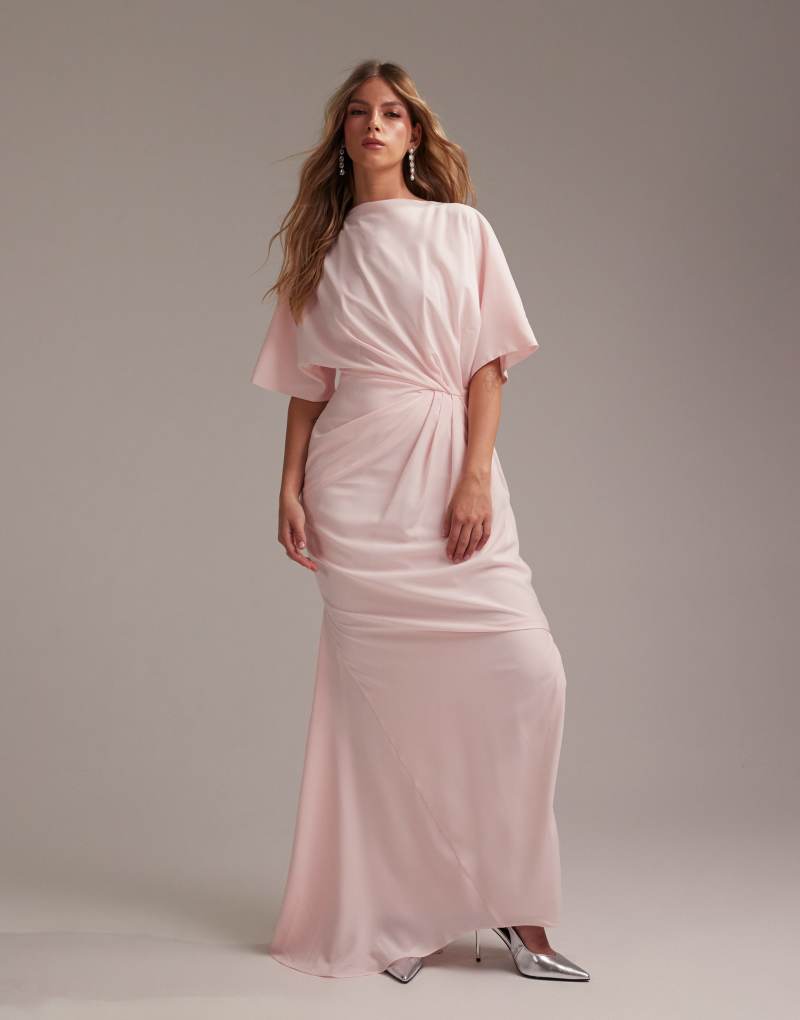 ASOS DESIGN Bridesmaids slash neck crepe t-shirt sleeve minimal drape maxi dress in soft pink Asos Design