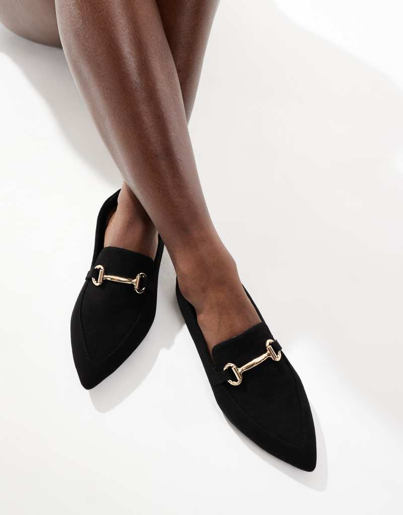 London Rebel Wide Fit buckle detail pointed toe loafers in black London Rebel