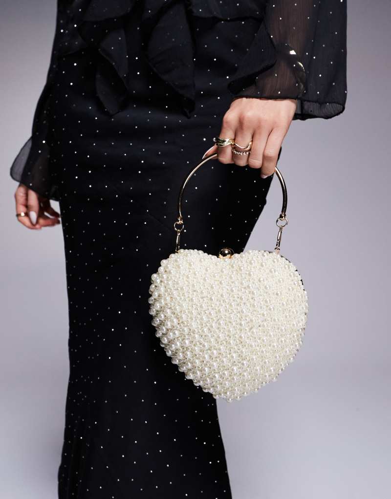 True Decadence pearl embellished heart clutch bag in white True Decadence