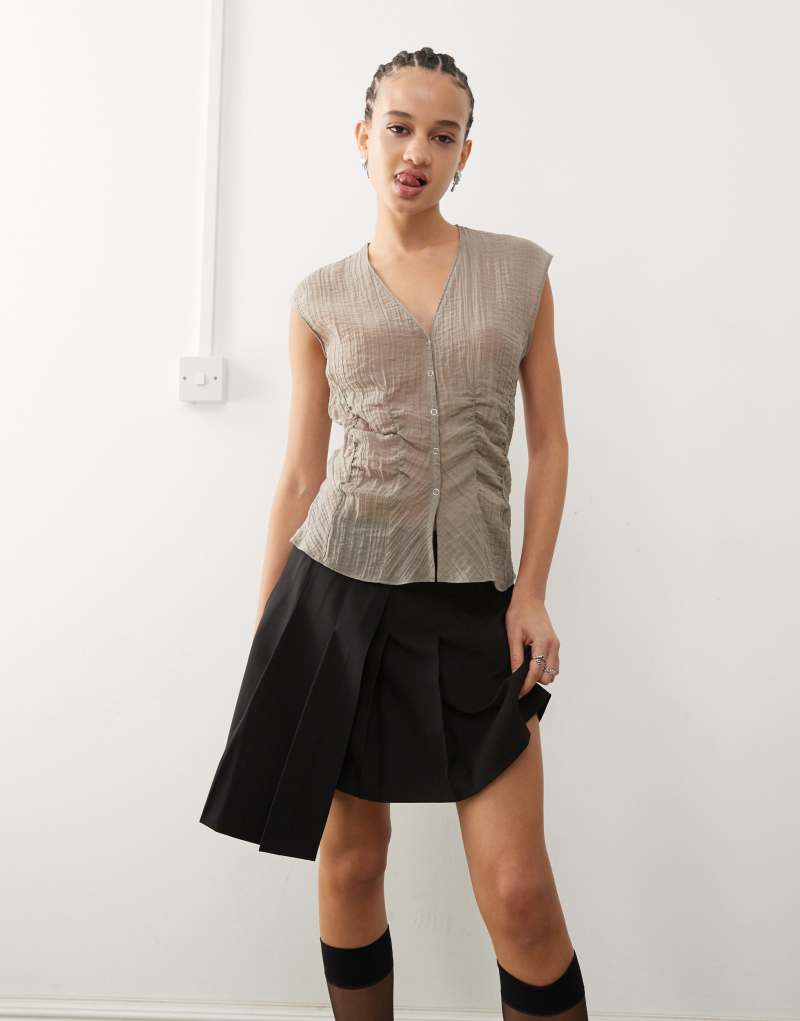 Weekday sheer sleeveless blouse top with v neck and corset waist detail in mole Weekday