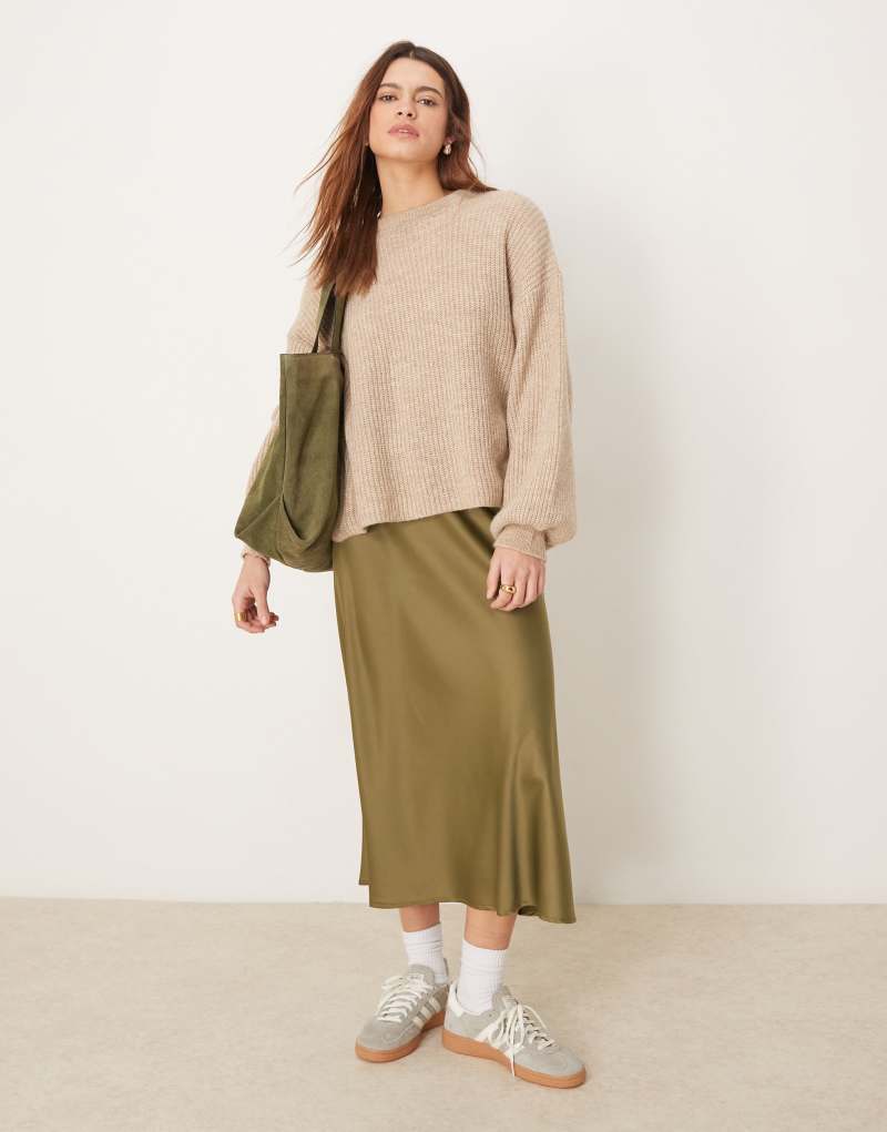 YAS satin midi skirt in olive green Yas