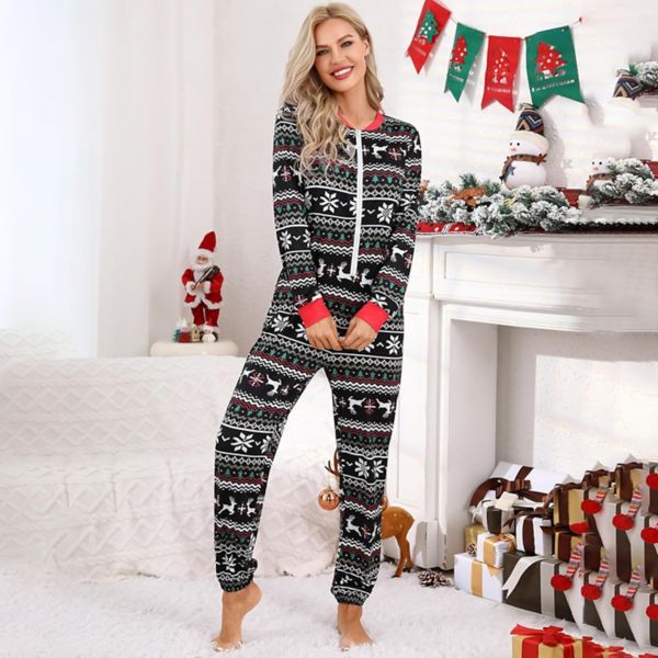 Christmas Pajamas for Women Front Zipper Round Neck Jumpsuit Fleece-Lined Matching Jammies Missky