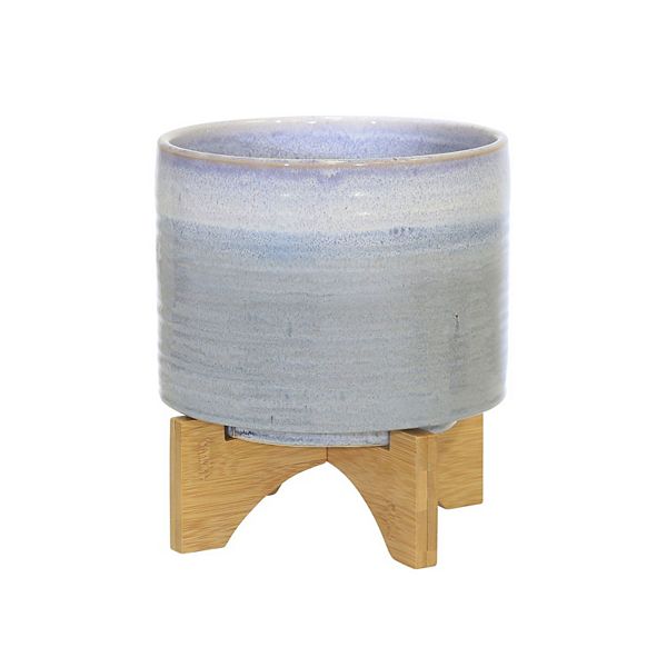 9" Pale Blue and Brown Ceramic Planter on Stand Kingston Living