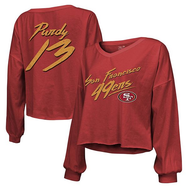 Women's Majestic Threads Brock Purdy Scarlet San Francisco 49ers Name & Number Script Off-Shoulder Cropped Long Sleeve T-Shirt Unbranded