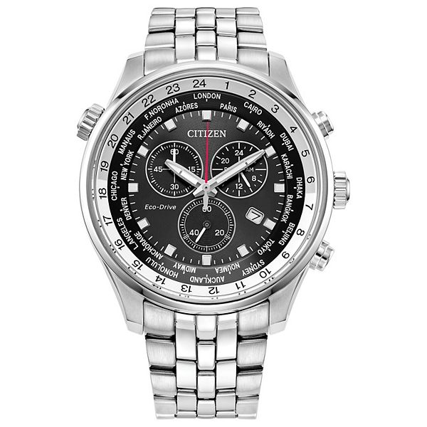 Citizen Men's Eco-Drive Stainless Steel Chronograph World Time Black Dial Bracelet Watch - AT0368-58E Citizen