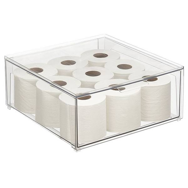 mDesign Plastic Stackable Bathroom Storage Organizer with Pull Out Drawer, Clear mDesign